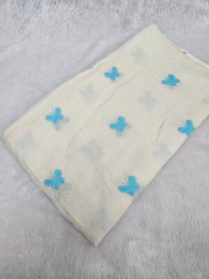 Sky Blue Butterfly Threadwork Embroidery On Dyeable Kora Mul Cotton Fabric