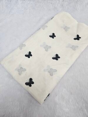 Black Butterfly Threadwork Embroidery On Dyeable Kora Mul Cotton Fabric