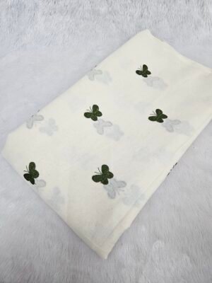 Green Butterfly Threadwork Embroidery On Dyeable Kora Mul Cotton Fabric