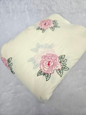 Cream Floral Threadwork Embroidery On Cambric Cotton Fabric