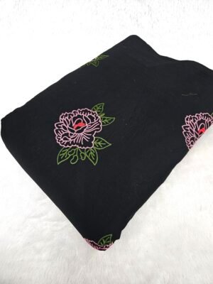 Black Floral Threadwork Embroidery On Cambric Cotton Fabric