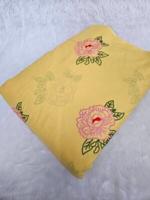 Yellow Floral Threadwork Embroidery On Cambric Cotton Fabric