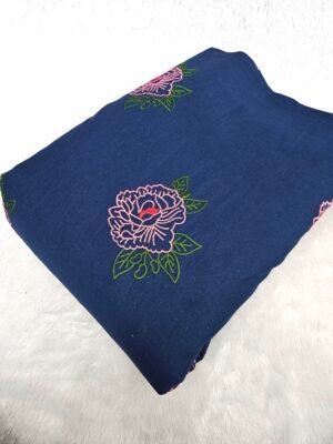 Blue Floral Threadwork Embroidery On Cambric Cotton Fabric