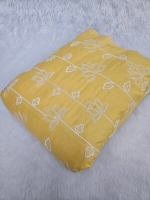 Yellow White Thread & Sequins Embroidery On Pure Cambric Cotton