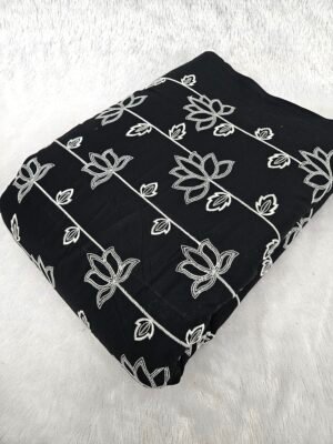 Black White Thread & Sequins Embroidery On Pure Cambric Cotton