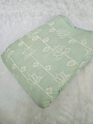 Green White Thread & Sequins Embroidery On Pure Cambric Cotton