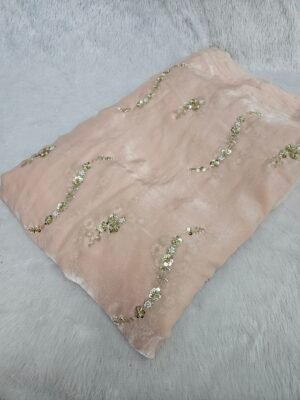 Light Peach Beads Embroidery On Space Silk ( Fendy ) Fabric