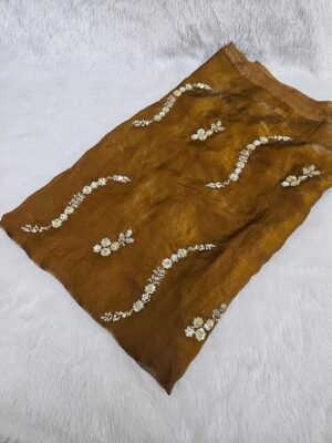 Mustard Beads Embroidery On Space Silk ( Fendy ) Fabric