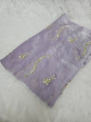 Lavender Beads Embroidery On Space Silk ( Fendy ) Fabric