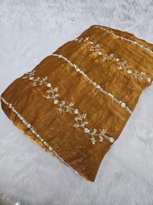 Mustard Beads Embroidery On Space Silk ( Fendy ) Fabric