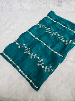 Sky Blue Beads Embroidery On Space Silk ( Fendy ) Fabric
