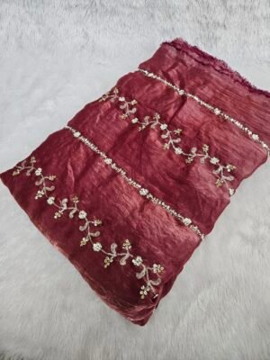 Dusty Rose Beads Embroidery On Space Silk ( Fendy ) Fabric