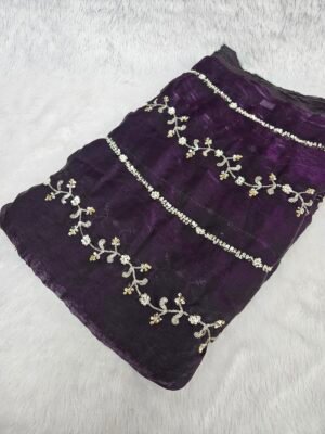 Purple Beads Embroidery On Space Silk ( Fendy ) Fabric
