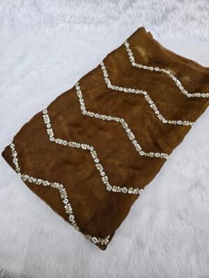 DARK YELLOW ZIGZAG BEADS EMBROIDERY ON SPACE SILK FABRIC