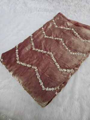 DUSTY ROSE ZIGZAG BEADS EMBROIDERY ON SPACE SILK FABRIC