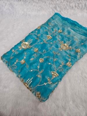 Sky Blue Allover Beads Embroidery On Space Silk ( Fendy )