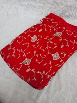 Red Allover Beads Embroidery On Space Silk ( Fendy )