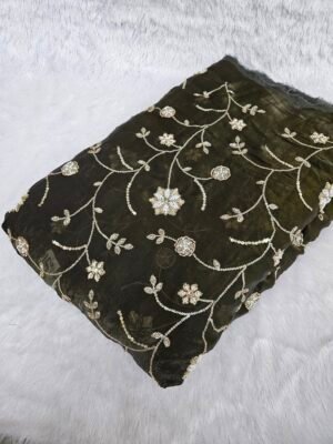 Mehndi Green Allover Beads Embroidery On Space Silk ( Fendy )