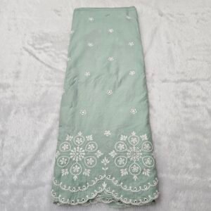 Green Daman White Thread Embroidery On Cambric Cotton Fabric