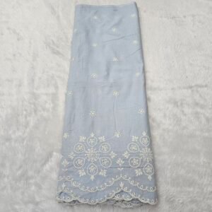 Powder Blue Daman White Thread Embroidery On Cambric Cotton Fabric