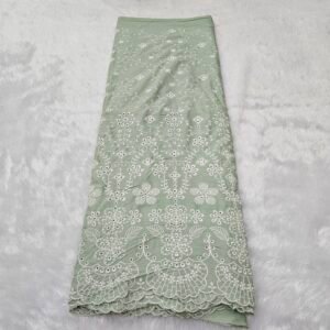 Dusty Green Heavy White Thread Embroidery On Pure Cambric Cotton