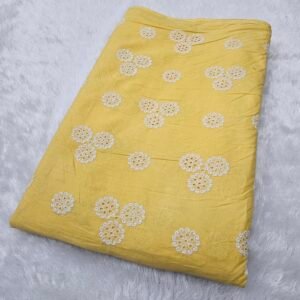 Yellow Boring White Thread Embroidery On Pure Cambric Cotton