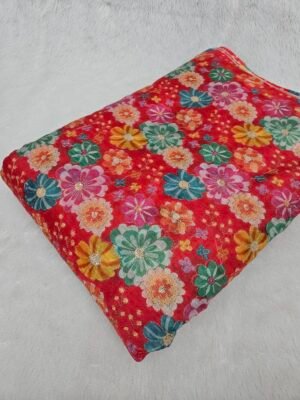 Red Floral Position Print With Embroidery On Crushed Jimmy Choo Fabric
