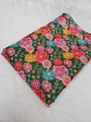 Green Floral Position Print With Embroidery On Crushed Jimmy Choo Fabric