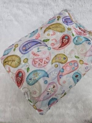 Carry Position Print With Cut-Dana Beads Embroidery On Metallic Organza