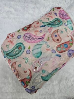 Carry Position Print With Cut-Dana Beads Embroidery On Metallic Organza
