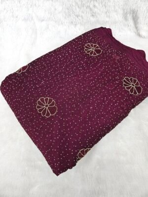 Wine Floral Sequins Beads Embroidery On Rangoli Crush Fabric