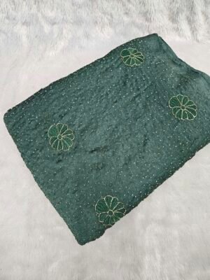 Dusty Sea Green Floral Sequins Beads Embroidery On Rangoli Crush fabric
