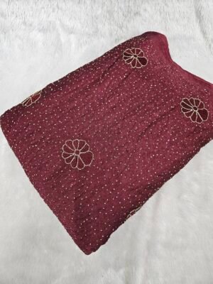 Dusty Maroon Floral Sequins Beads Embroidery On Rangoli Crush Fabric