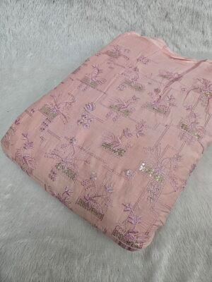 Pink Peach Embroidery On Pure Cambric Cotton