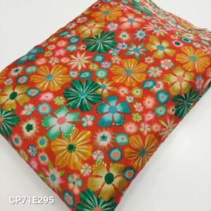 Orange Floral Position Print With Embroidery On Chinon Fabric