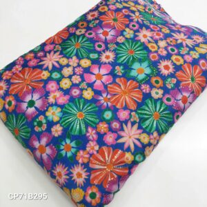 Blue Floral Position Print With Embroidery On Chinon Fabric