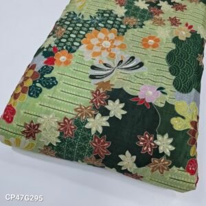 Green Position Print With Embroidery On Chinon Fabric