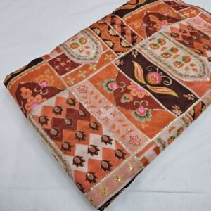 Brown Print With Embroidery On Chinon Fabric