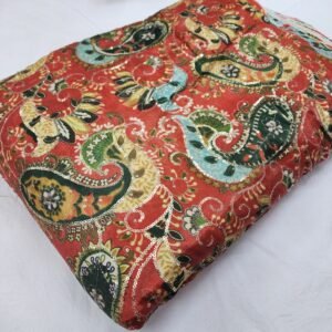 Orange Carry Position Print With Embroidery On Chinon Fabric