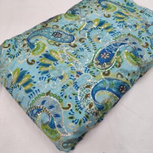 Sky Blue Carry Position Print With Embroidery On Chinon Fabric