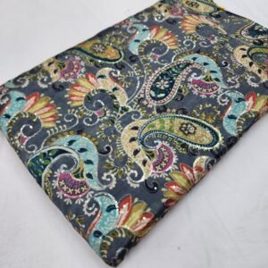 Grey Carry Position Print With Embroidery On Chinon Fabric