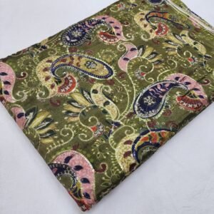 Mehendi Carry Position Print With Embroidery On Chinon Fabric