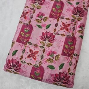 Pink Position Print With Embroidery On Chinon Fabric
