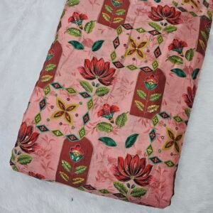 Peach Position Print With Embroidery On Chinon Fabric