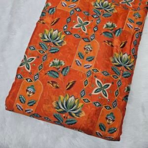 Orange Position Print With Embroidery On Chinon Fabric