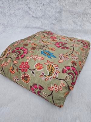 Light Olive Green Carry Position Print With Embroidery On Chinon Fabric