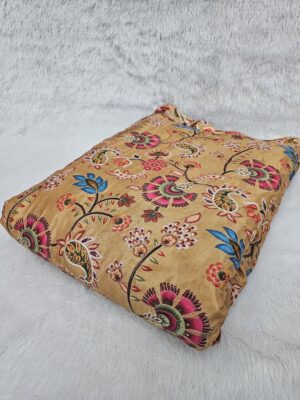 Mustard Carry Position Print With Embroidery On Chinon Fabric
