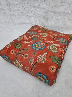 Rust Floral Position Print With Embroidery On Chinon Fabric