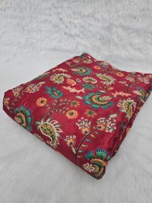 Red Carry Position Print With Embroidery On Chinon Fabric