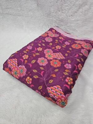 Wine Floral Position Print With Embroidery On Chinon Fabric